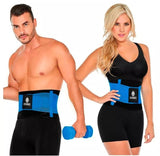 Fitness man and woman with blue Tecnomed Colombian Waist Trainer Belt